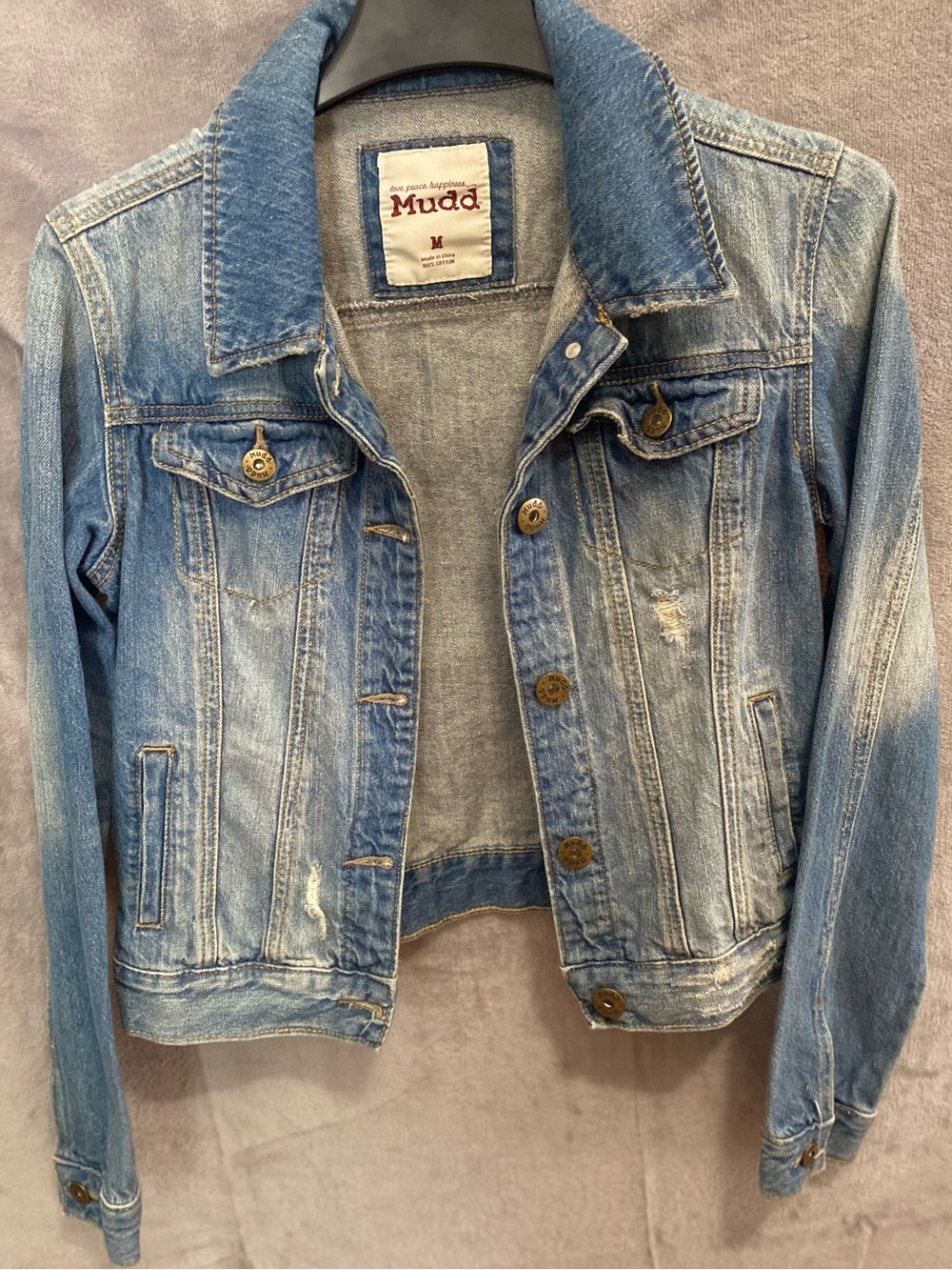 Vintage Y2K Mudd Distressed Denim Jacket Cropped Blue Grunge Trucker Jean Coat M